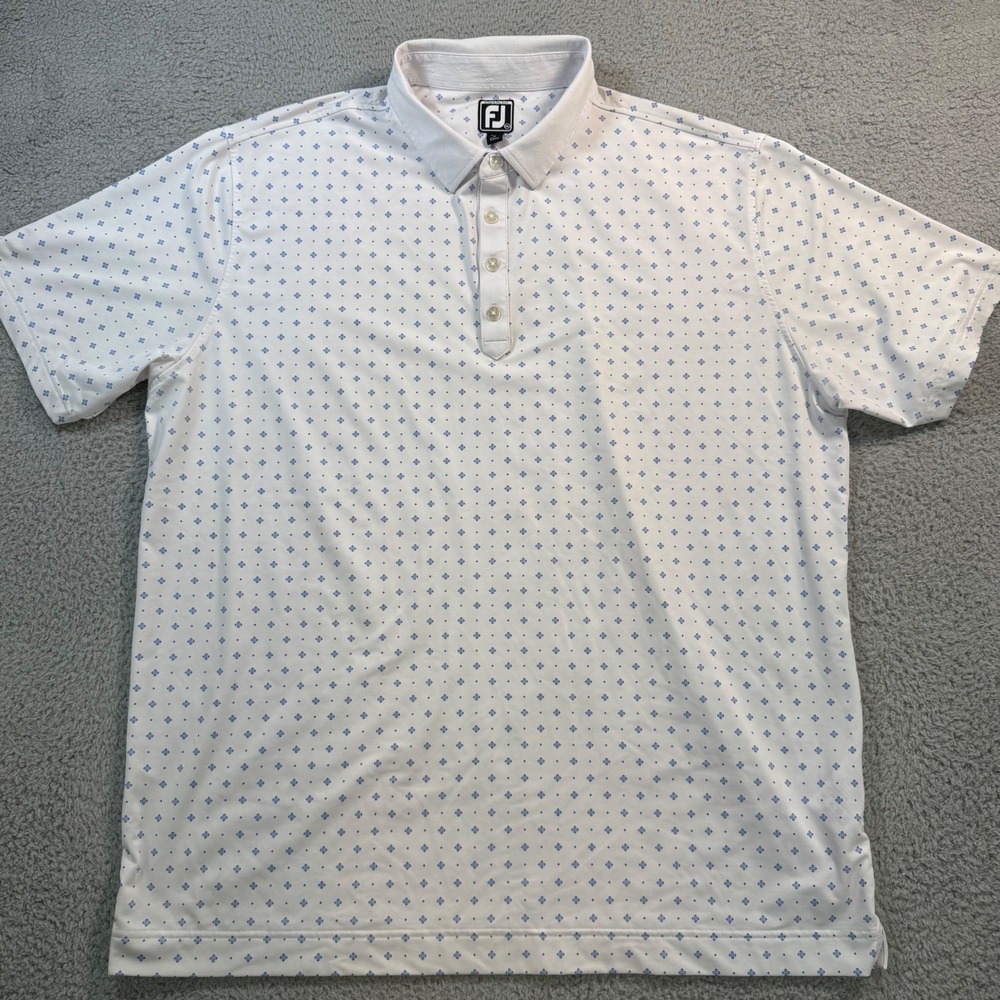FootJoy Mens Athletic Fit Golf Polo Shirt 2XL‎ White Blue Geometric Print